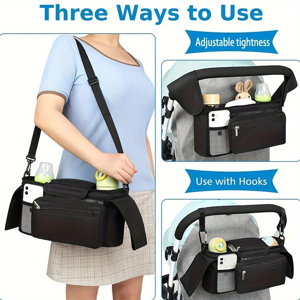 Organisateur de poussette avec sangle antidérapante – Porte-gobelet isotherme et pochette téléphone