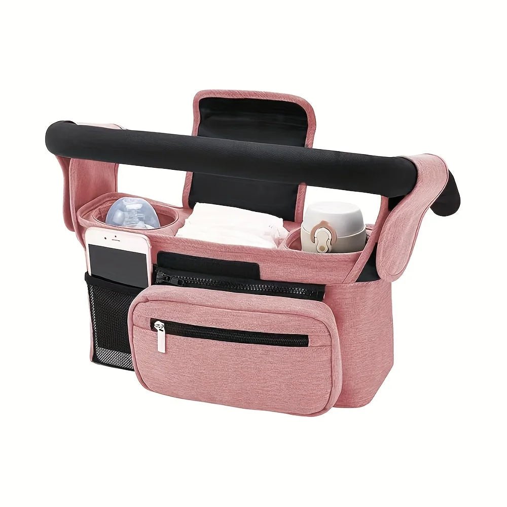 Organisateur de poussette avec sangle antidérapante – Porte-gobelet isotherme et pochette téléphone