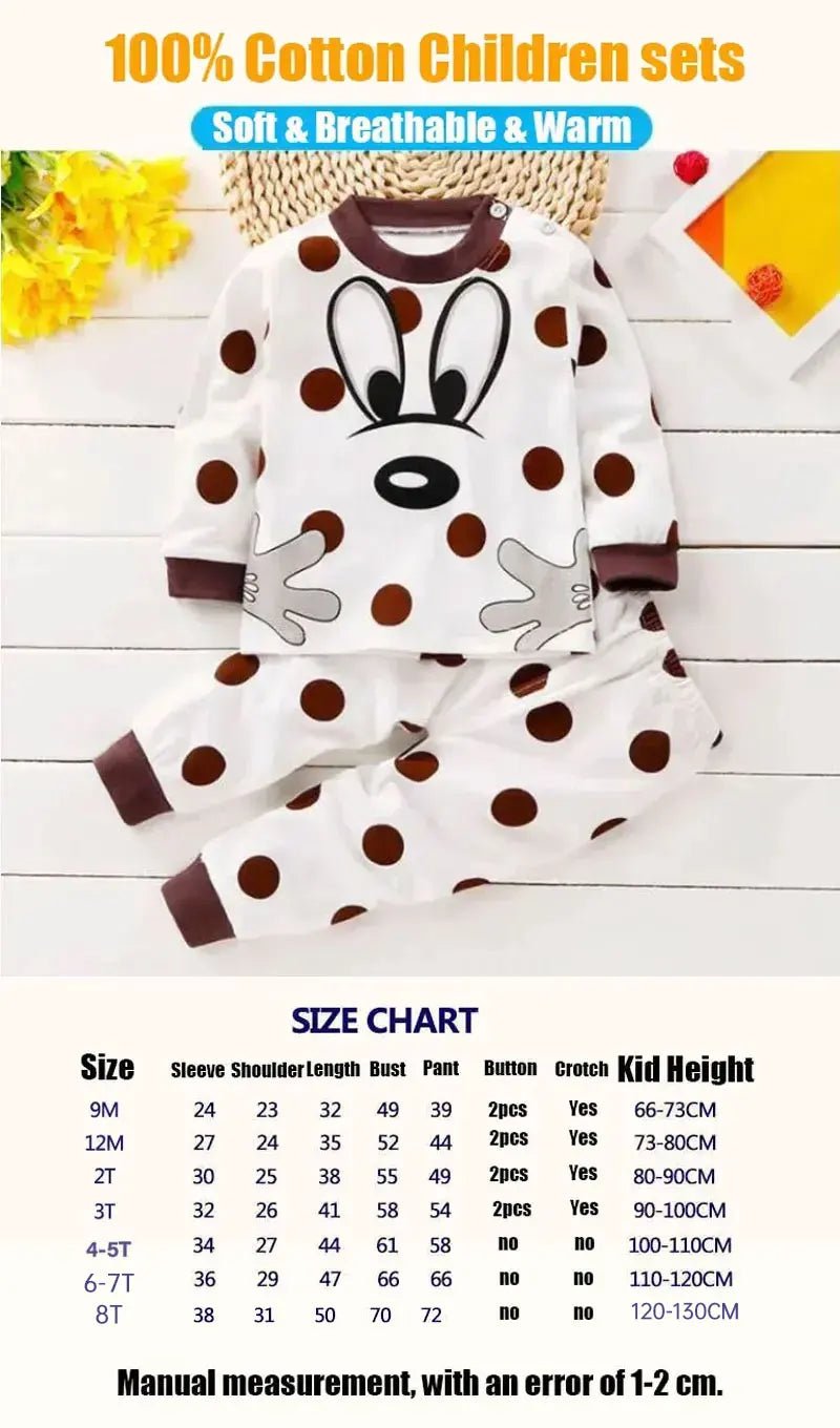 Kids 2-Piece Cotton Pajamas — Cartoon Top & Pants, Unisex Fall Winter 9M-7 Years