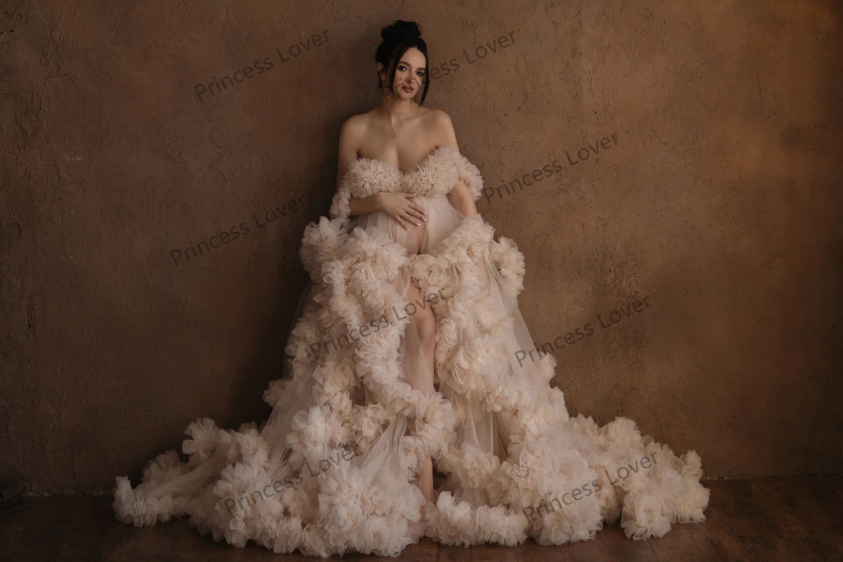 Luxury Maternity Photo Shoot Gown — Custom Ruffled Tulle, Baby Shower & Plus Size