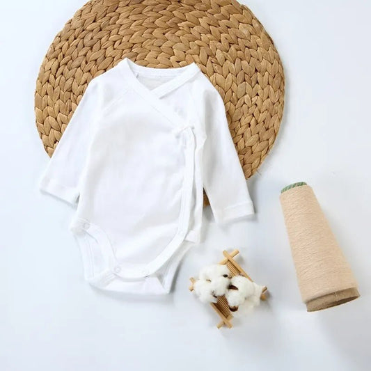 Baby Overalls 100% White Cotton – Newborn Boy & Girl Long-Sleeve Side-Opening Romper 0-18 Months