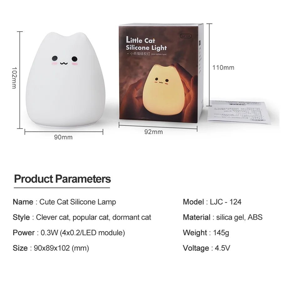 Kawaii Cat Silicone Night Light — LED Touch 7 Colors Rechargeable | Baby Kids Room Night Lamp