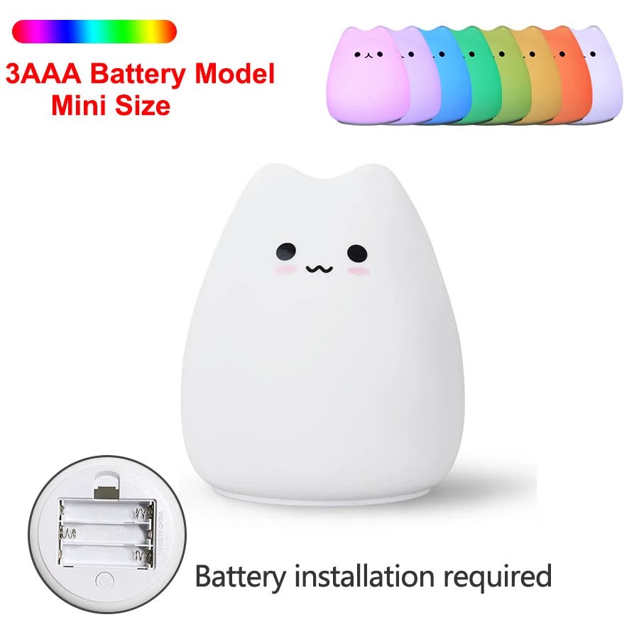 Kawaii Cat Silicone Night Light — LED Touch 7 Colors Rechargeable | Baby Kids Room Night Lamp