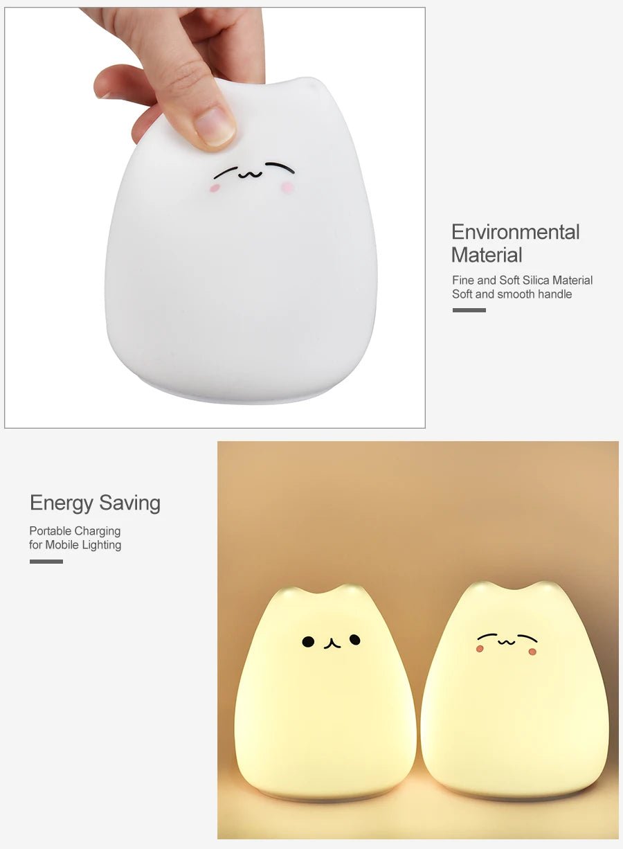 Kawaii Cat Silicone Night Light — LED Touch 7 Colors Rechargeable | Baby Kids Room Night Lamp