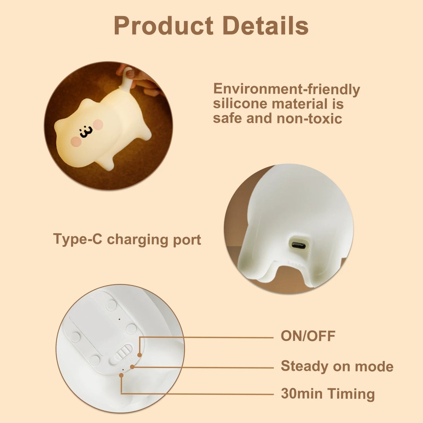 Kawaii Cat Silicone Night Light — LED Touch 7 Colors Rechargeable | Baby Kids Room Night Lamp