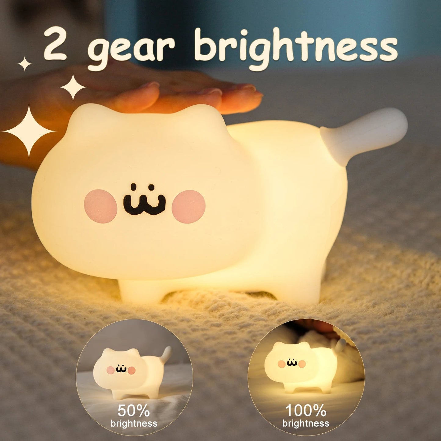 Kawaii Cat Silicone Night Light — LED Touch 7 Colors Rechargeable | Baby Kids Room Night Lamp