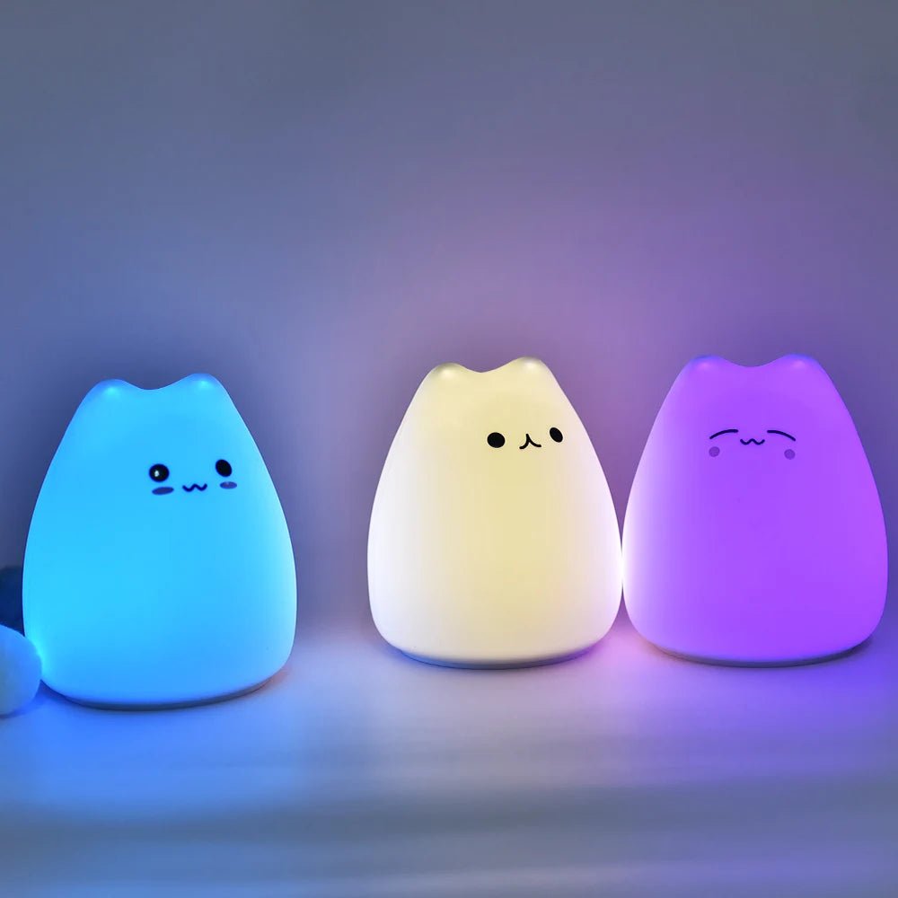 Kawaii Cat Silicone Night Light — LED Touch 7 Colors Rechargeable | Baby Kids Room Night Lamp